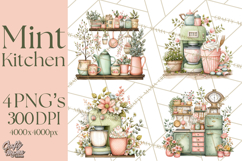 Mint Cottagecore Kitchen Clipart, Vintage Country Floral Png Product Image 1