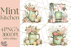 Mint Cottagecore Kitchen Clipart, Vintage Country Floral Png Product Image 1