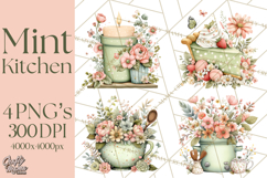 Mint Cottagecore Kitchen Clipart, Vintage Country Floral Png Product Image 1