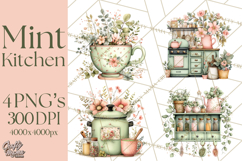 Mint Cottagecore Kitchen Clipart, Vintage Country Floral Png Product Image 1