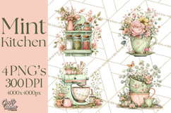 Mint Cottagecore Kitchen Clipart, Vintage Country Floral Png Product Image 1