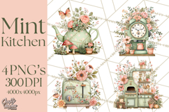 Mint Cottagecore Kitchen Clipart, Vintage Country Floral Png Product Image 1