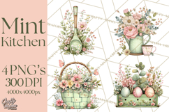 Mint Cottagecore Kitchen Clipart, Vintage Country Floral Png Product Image 1