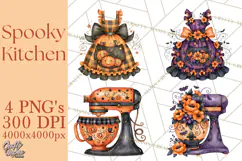 Bright Halloween Kitchen Clipart PNG, Spooky Aprons Mixers Product Image 1