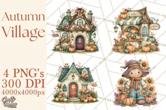 Autumn Village Clipart PNG, Cozy Fall Cottage Town Product Image 1