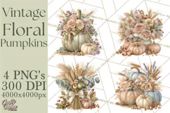 Vintage Floral Pumpkin Clipart PNG, Fall Halloween Product Image 1