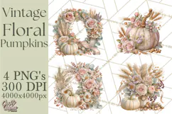 Vintage Floral Pumpkin Clipart PNG, Fall Halloween Product Image 1