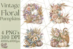 Vintage Floral Pumpkin Clipart PNG, Fall Halloween Product Image 1