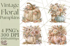 Vintage Floral Pumpkin Clipart PNG, Fall Halloween Product Image 1