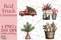 Vintage Red Truck Christmas Evergreens PNG Clipart Product Image 1