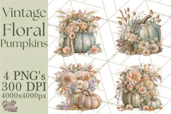 Vintage Floral Pumpkin Clipart PNG, Fall Halloween Product Image 1