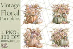 Vintage Floral Pumpkin Clipart PNG, Fall Halloween Product Image 1