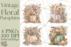 Vintage Floral Pumpkin Clipart PNG, Fall Halloween Product Image 1