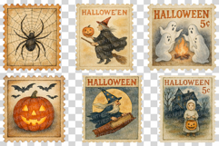Halloween Vintage Stamps | Ghost Witch Wizard Retro Cat PNG Product Image 6