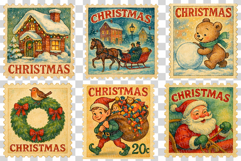 Christmas Vintage Stamps | Santa reindeer elf snowman bell Product Image 6