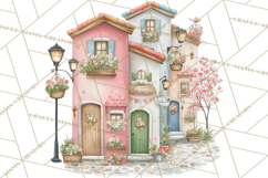 Watercolor Spring Town Clipart, Whimsical Pastel Village Product Image 2