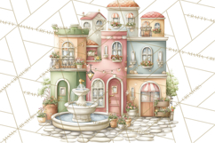 Watercolor Spring Town Clipart, Whimsical Pastel Village Product Image 3