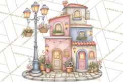Watercolor Spring Town Clipart, Whimsical Pastel Village Product Image 4
