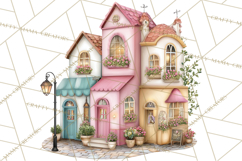 Watercolor Spring Town Clipart, Whimsical Pastel Village Product Image 5