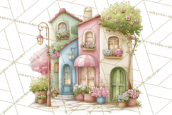 Watercolor Spring Town Clipart, Whimsical Pastel Village Product Image 3