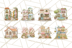 Watercolor Spring Town Clipart, Whimsical Pastel Village Product Image 9