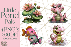 Cute Turtle Frog Alligator Pond Animals Clipart PNG Product Image 1