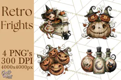 Vintage Halloween Clipart PNG, Halloween Retro Characters Product Image 1