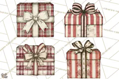 Vintage Christmas Presents Clipart, Christmas Gift Box PNG Product Image 1