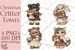 Christmas Critter Town Clipart PNG, Winter Holiday Town Product Image 1