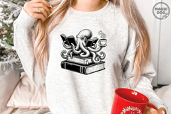 Octopus Reading Books, Book Lover Octopus With Coffee SVG Product Image 7