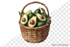 Watercolor illustration of avocados in a rattan basket PNG Product Image 1