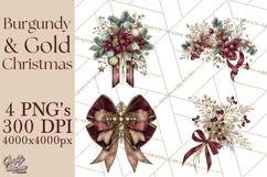Elegant Christmas Clipart PNG, Burgundy Antique Gold Product Image 1