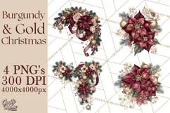 Elegant Christmas Clipart PNG, Burgundy Antique Gold Product Image 1