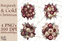 Elegant Christmas Clipart PNG, Burgundy Antique Gold Product Image 1