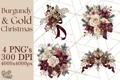 Elegant Christmas Clipart PNG, Burgundy Antique Gold Product Image 1