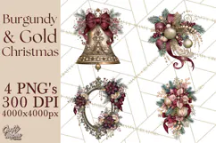 Elegant Christmas Clipart PNG, Burgundy Antique Gold Product Image 1