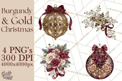 Elegant Christmas Clipart PNG, Burgundy Antique Gold Product Image 1