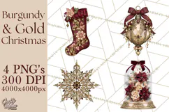 Elegant Christmas Clipart PNG, Burgundy Antique Gold Product Image 1