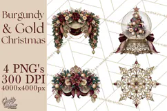 Elegant Christmas Clipart PNG, Burgundy Antique Gold Product Image 1