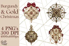 Elegant Christmas Clipart PNG, Burgundy Antique Gold Product Image 1