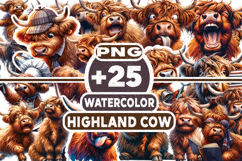 Watercolor Funny Highland Cow Clipart | Cute Farm Animal PNG Product Image 1