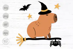 Capybara Witch on a Broomstick Svg and Png for Halloween Product Image 1