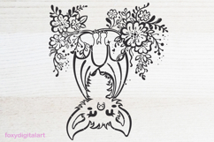 A cute, stylized bat hanging upside down with fluffy fur and large ears. The bat is surrounded by flowers and leaves, creating a whimsical, floral design. The artwork is in black and white, featuring delicate details and soft curves.