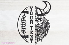 The image features a split graphic design with a football and a Viking. On the left side, there is a football with bold text reading "YOUR TEXT" in the center. On the right, there is a detailed Viking face with a helmet and a long braided beard. The desig