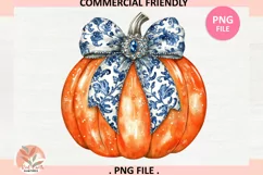 Fall chinoiserie pumpkin png, Blue floral pumpkin PNG design Product Image 2