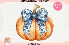 Fall chinoiserie pumpkin png, Blue floral pumpkin PNG design Product Image 2