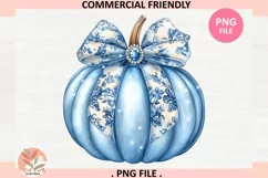 Fall chinoiserie pumpkin png, Blue floral pumpkin PNG design Product Image 2