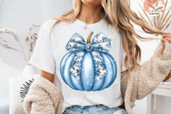 Fall chinoiserie pumpkin png, Blue floral pumpkin PNG design Product Image 1