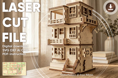 Laser Cut 3D Wooden Townhouse Model File for Dollhouse Decor Product Image 1