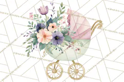 Baby Shower Clipart, Vintage Stroller Png Watercolor Product Image 2